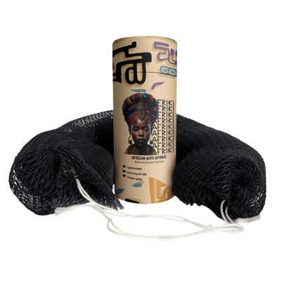AFRIKI African Net Sponge Exfoliating Body Scrubber, Black Owned & Rooted in Africa, All Skin Types | 45 in Long (Black)