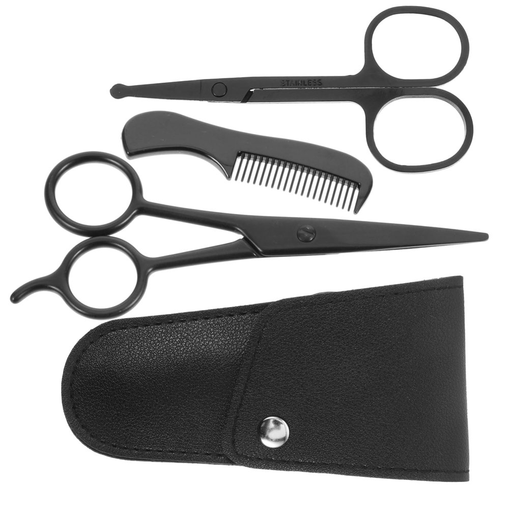 SOESFOUFU 1set Stainless Steel Beard Care Scissors and Comb Kit Storage Pouch for Men Grooming and Trimming Barber Shop