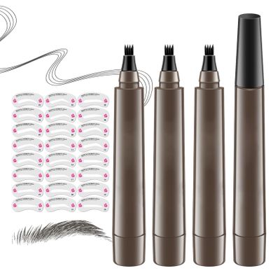 3Pcs Eyebrow Tattoo Pen,Waterproof 4 Point Eyebrow Makeup Pencil,Microblading Eye Brow Pencils for Women,Lasting Smudge-proof Highly Pigmented Brow Pen with 24Pcs Eyebrow Stencils(Grey)