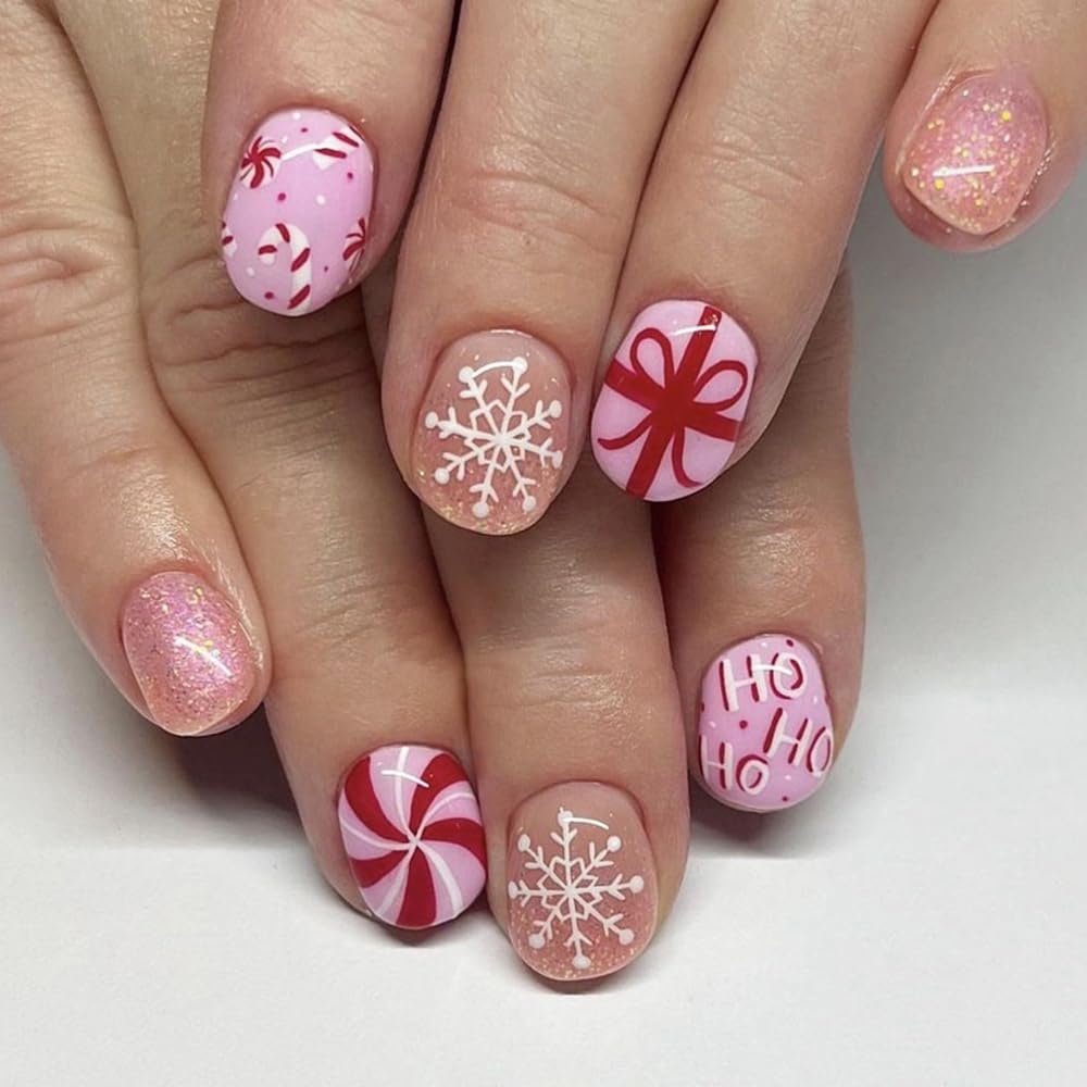 CEWEWP Square Christmas Press on Nails Short Fake Nails with Ribbon Candy Cane Stripe Snowflake Bow Design Glitters Xmas False Nails Glossy False Nails 24 Pcs Acrylic Stick on Nails for Women