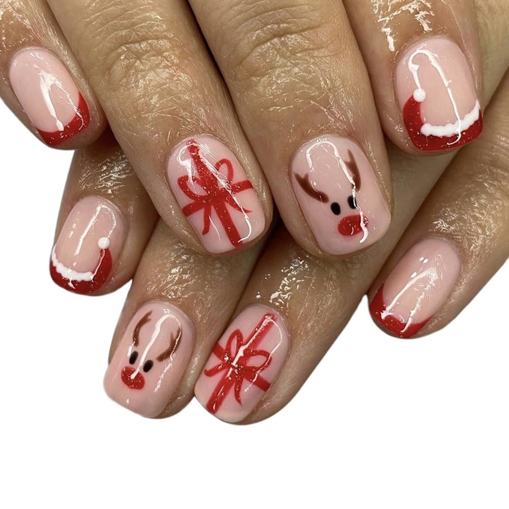 CEWEWP Short Christmas Press on Nails Red French Fake Nails Square Shape False Nail Tips with Elk and Bow Knot Designs Cute Santa Hat French Tip Press on Nails for Women Christmas Decorations 24pcs