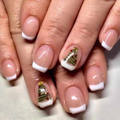 CEWEWP Christmas Press on Nails Short Square White French Tips Glue on Christmas Tree False Nails Full Cover Glossy Artificial Acrylic Stick on for Women 24Pcs