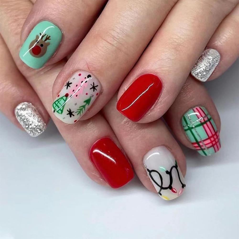 Christmas Press on Nails Short Square Fake Nails Cute Elk Christmas Tree Full Cover Acrylic Nails False Nails with Red with Green Grid Designs Winter Xmas Nail Art for Women Girls Manicure Tips 24Pcs