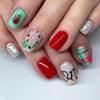 Christmas Press on Nails Short Square Fake Nails Cute Elk Christmas Tree Full Cover Acrylic Nails False Nails with Red with Green Grid Designs Winter Xmas Nail Art for Women Girls Manicure Tips 24Pcs view 1