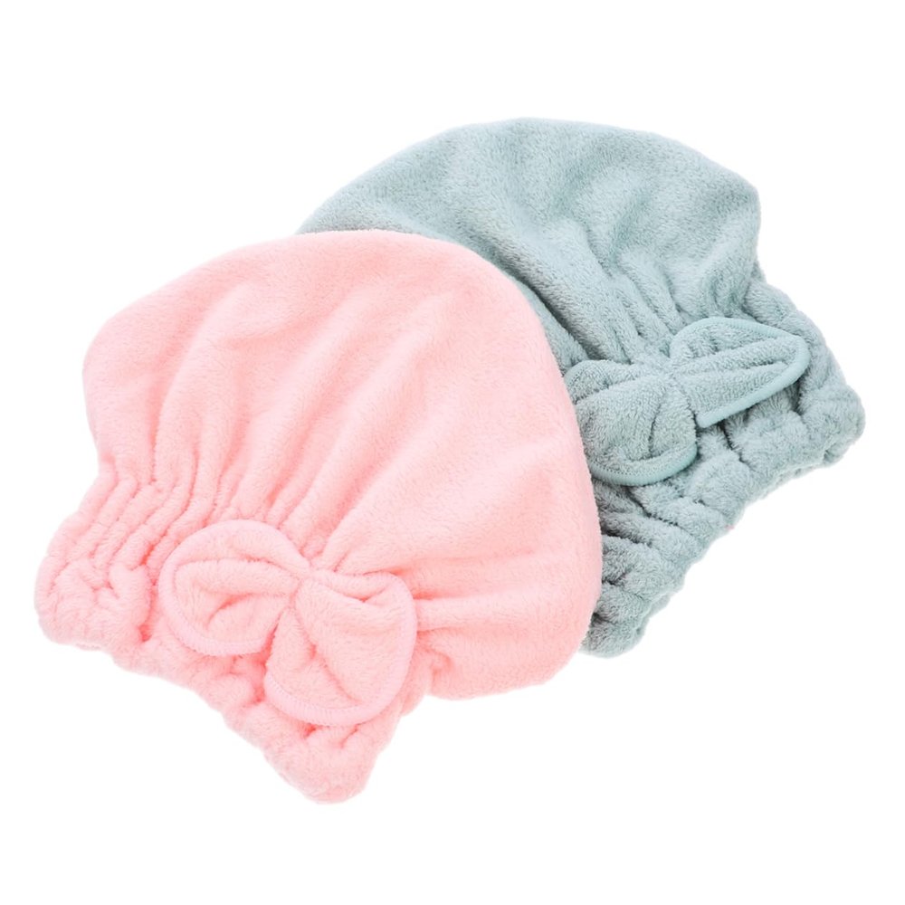 Baluue 2pcs Coral Fleece Hair Drying Towels Quick-dry Bathing Caps for Women Ultra Absorbent Hair Wraps with Bow for Curly Thick and Frizzy