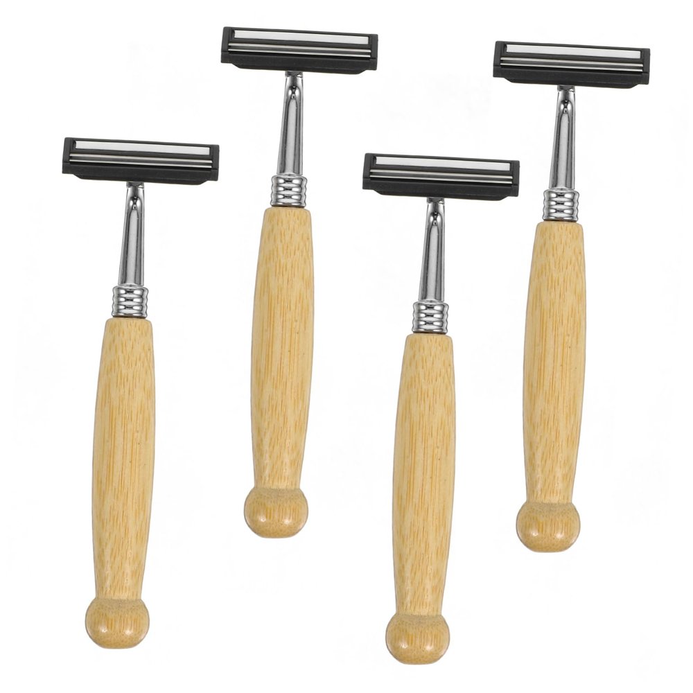 NOLITOY 4pcs Stainless Steel Razor Bamboo Handle Manual Shaver for Men Beard Trimmer Mustache Trimmer Old Style Hair Clipper