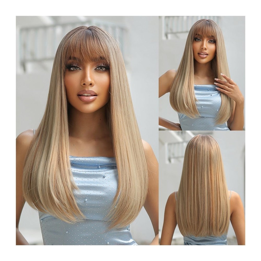 Yinj1835hh Hair Wigs Long Straight Gray Blonde Synthetic Wigs with Bangs for White Women Lolita Cosplay Natural Hair Wig Party Daily Heat Resistant for Daily Party Use