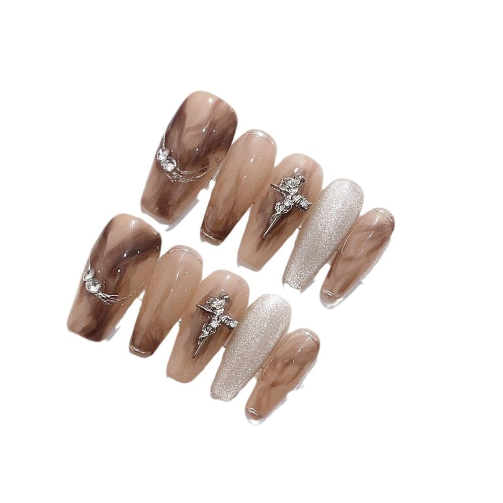 Handmade Wearable Nail Art Patch, Detachable Fake Nail Patch, Short Nail Art(Brown,M)