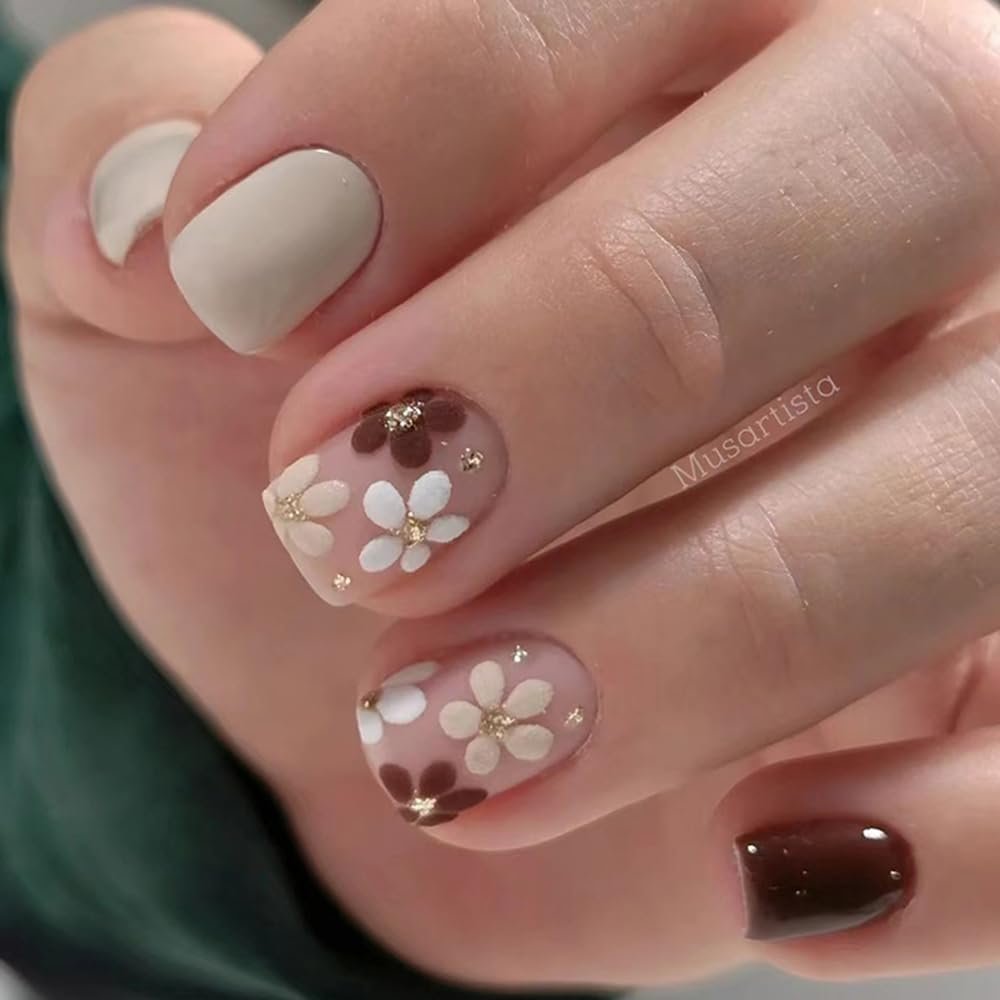 CEWEWP Autumn Flowers Fall Press On Nails - Extra Short Square Brown False Nails, Glossy Glue On, Acrylic, Full Cover, 24 Pcs
