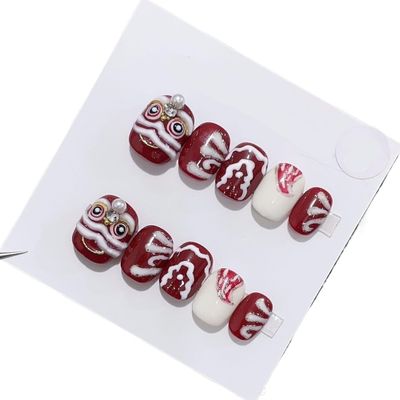 Handmade Wearable Nail Art Patch, Detachable Fake Nail Patch, Short Nail Art(Red,S)