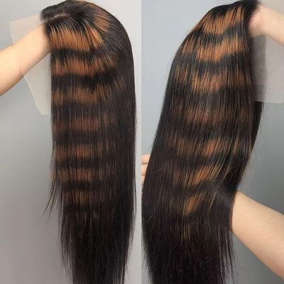 180 Density Sliky Straight 13x4 Highlight Colored HD Invisible Lace Frontal Wig Ombre Zebra Brown Glueless Lace Front Human Hair Wigs Pre Plucked for Women Brazilian Full End Bleached Knots Wig