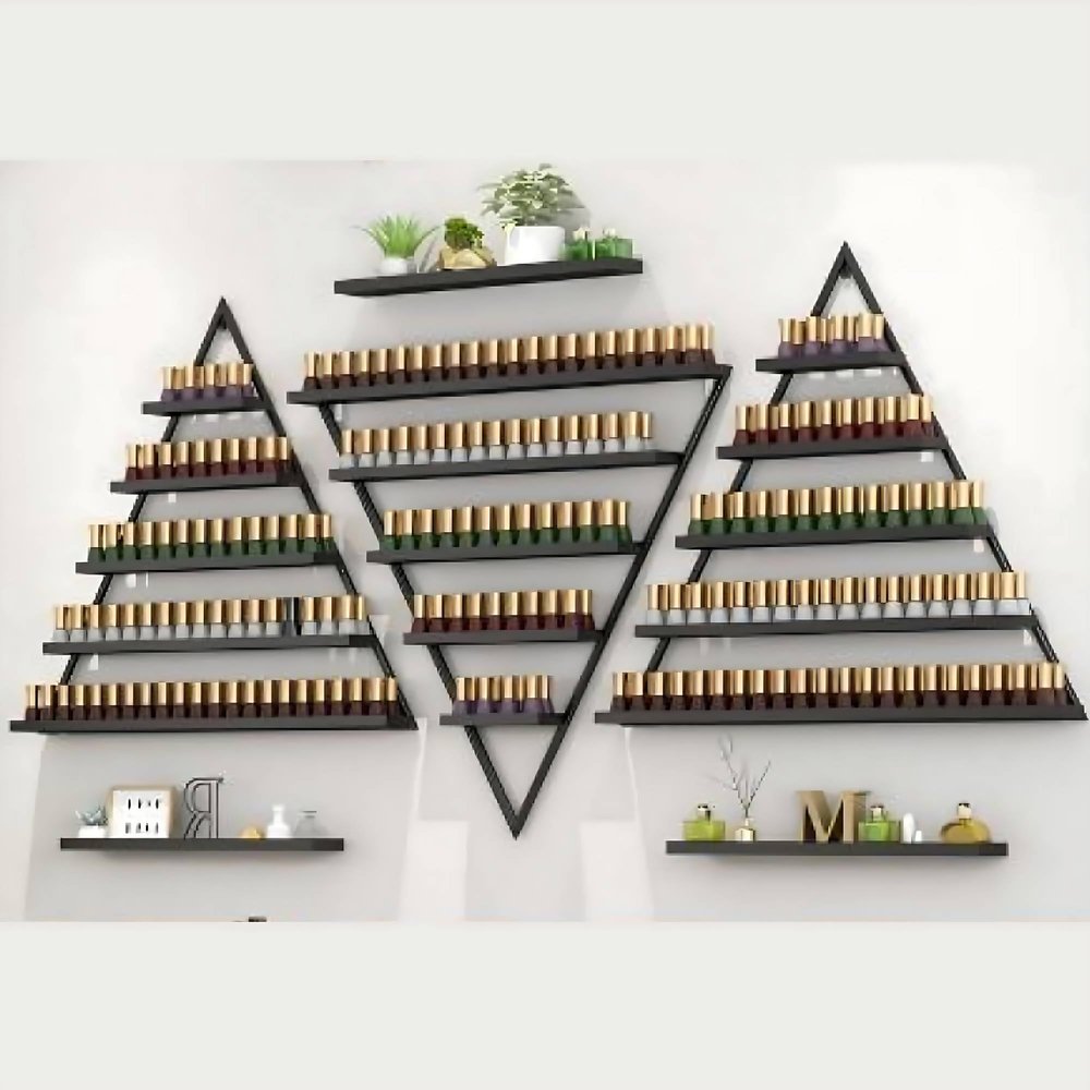 Wall-Mounted Nail Polish Rack, Set of 6 Triangular Black Nail Polish Shelf Lipstick Perfume Cosmetic Display Shelf for Home Spa Nail Salon Shop