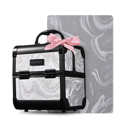 BYOOTIQUE Makeup Train Case with Mirror 2-Tier Trays Nail Travel Case Lockable Jewelry Organizer Cosmetic Box False Eyelash Storage for Nail Tech Cosmetologist Barbershop,CoyoteButtes Graystone