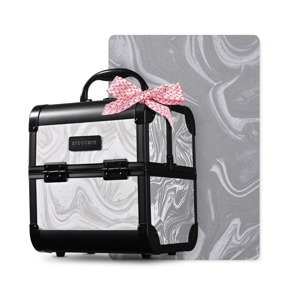 BYOOTIQUE Makeup Train Case with Mirror 2-Tier Trays Nail Travel Case Lockable Jewelry Organizer Cosmetic Box False Eyelash Storage for Nail Tech Cosmetologist Barbershop,CoyoteButtes Graystone