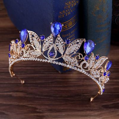 XMKJCHA Hair Jewelry Crown Tiaras for Women Vintage Baroque Gold Blue Crystal Wedding Hair Accessories Rhinestone Pearls Bridal Tiara and Crowns Women Princess Head Jewelry(1031)