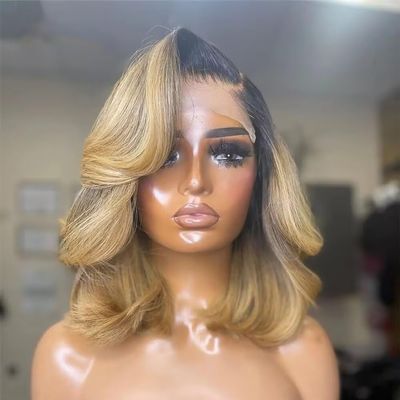oulaer Ombre 1b/27 Color Short Bob Human Hair Wig Pre Plucked Honey Blonde Body Wave Bob 13x6 HD Transparent Lace Front Wig Bleached Knots 150% Density Brazilian Hair with Baby Hair 14inch