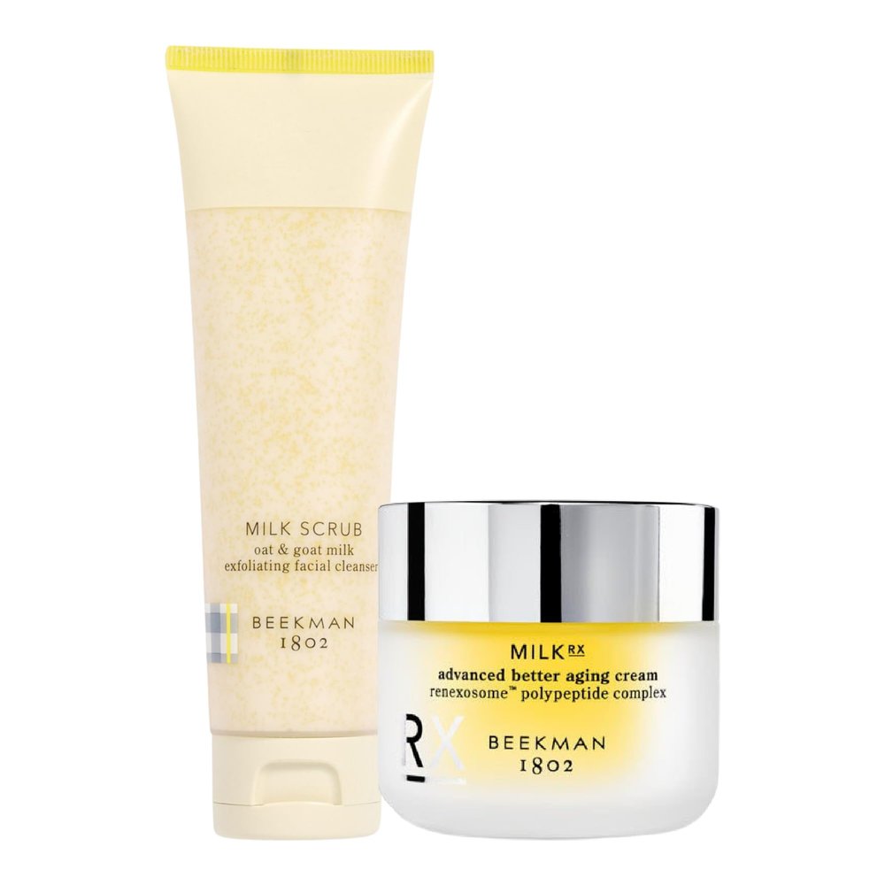 Beekman 1802 Milk Scrub Oat + Goat Milk Exfoliating Face Cleanser (3 fl oz) + Milk RX Advanced Better Aging Cream (1.69 fl oz) - Good for Sensitive Skin - Cruelty Free
