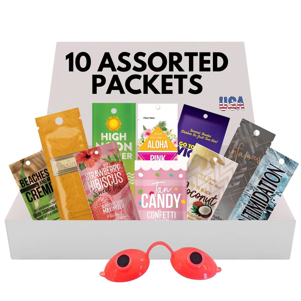 10 Pack of Tanning Bed Lotion Packets + Eyewear  The Tan Box, Best Indoor UV or Outdoor Sun Cream, Dark Accelerator with Goggles (0.5 oz each)