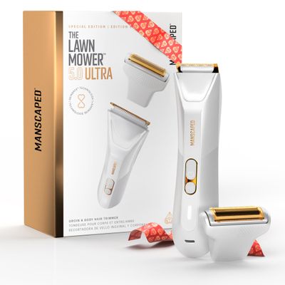 MANSCAPED The Lawn Mower 5.0 Ultra Men's & Women's Groin & Body Hair Trimmer Dual-Head SkinSafe Trimmer & Foil Blades, Waterproof Wet/Dry Groomer, USB-C Rechargeable with Travel Case, White