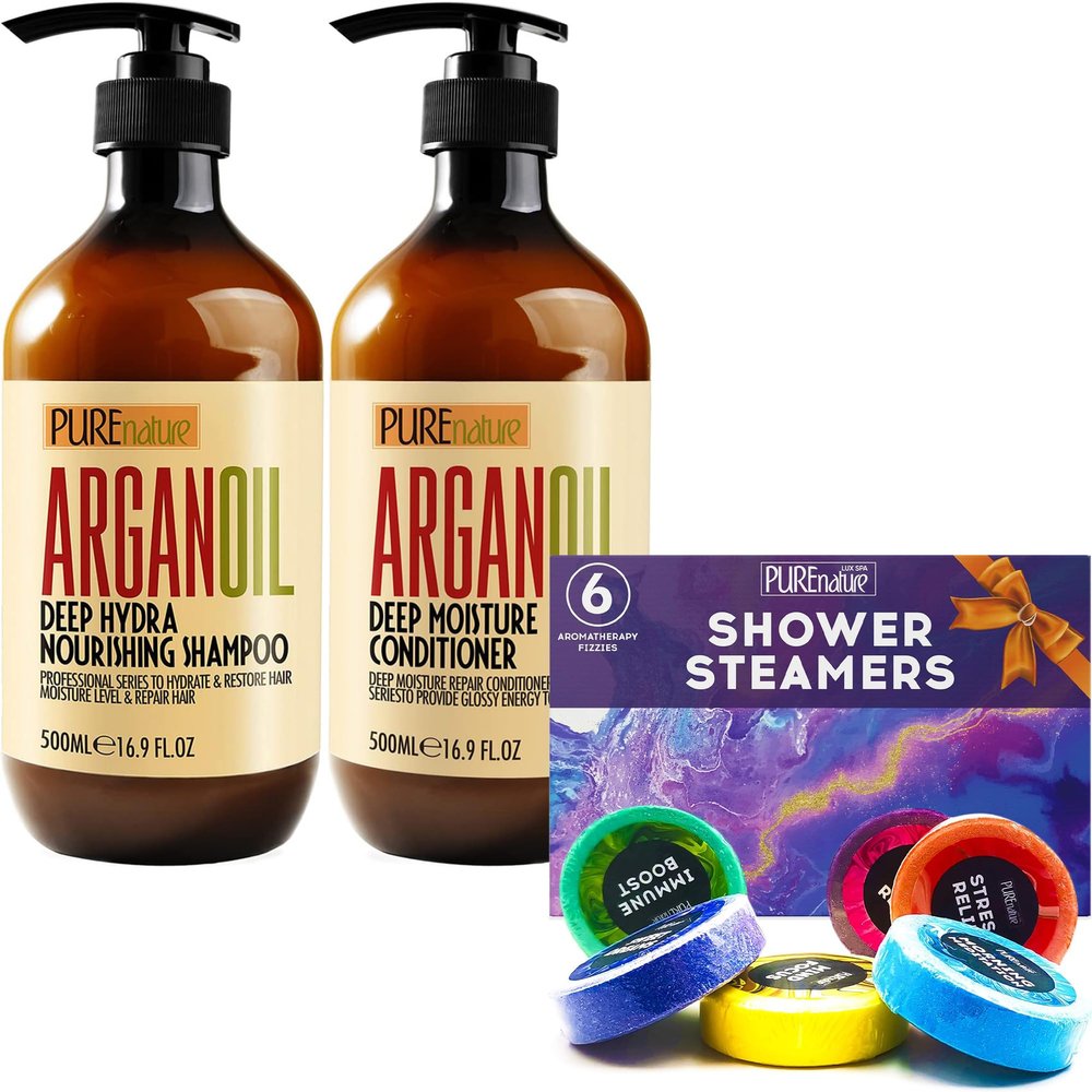 PURE NATURE LUX SPA Aromatherapy Shower Steamers Set and Argan Oil Shampoo and Conditioner Set