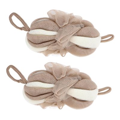 Baluue 2pcs Exfoliating Bath Balls Long Shape Shower Sponge Deep Cleansing Body Scrubber for Home Use Quick-Drying Space-Saving Design Soft Supple Material Khaki White Stripes