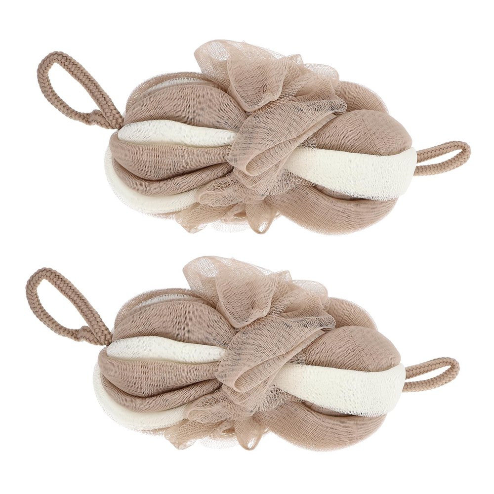 Baluue 2pcs Exfoliating Bath Balls Long Shape Shower Sponge Deep Cleansing Body Scrubber for Home Use Quick-Drying Space-Saving Design Soft Supple Material Khaki White Stripes
