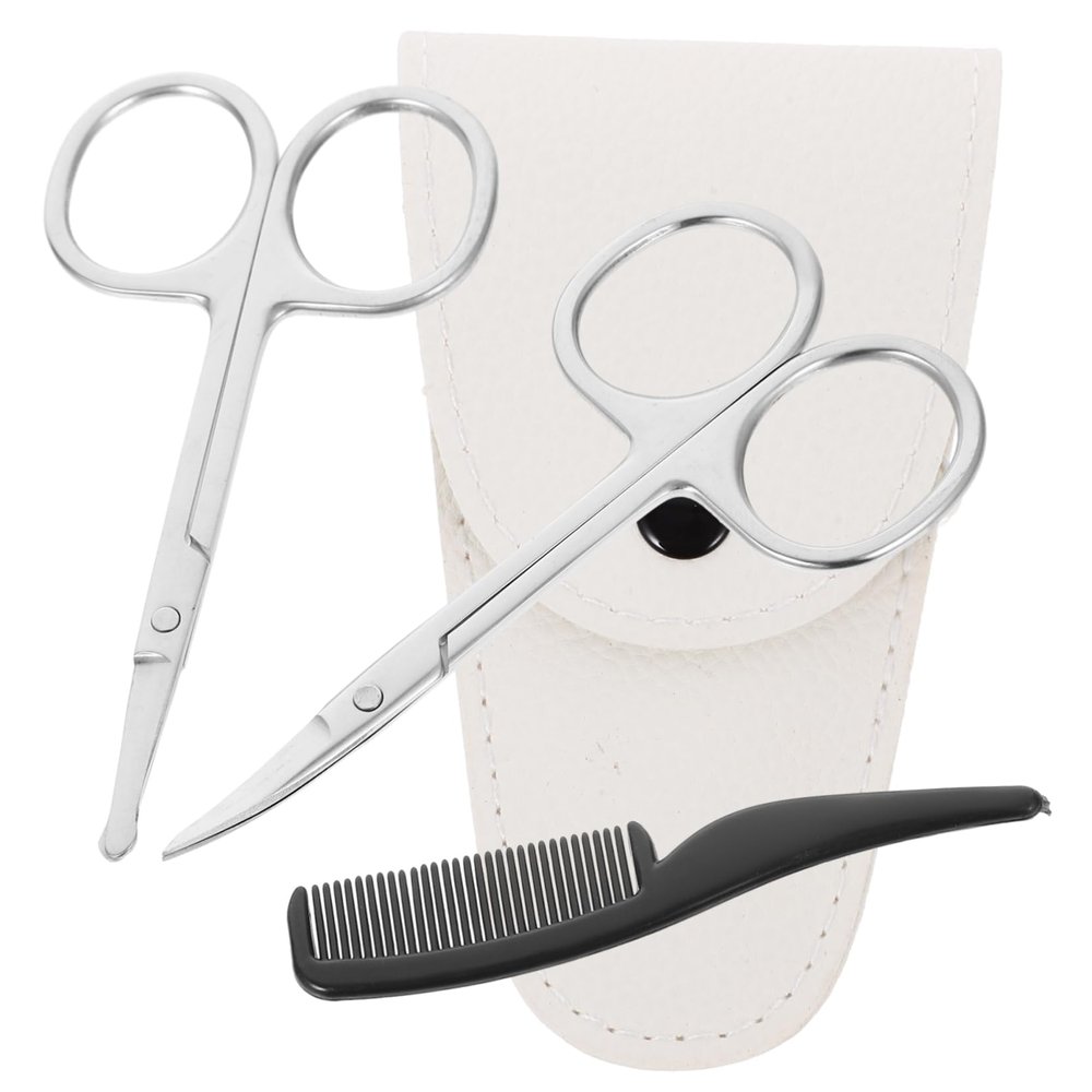 Didiseaon 8pcs Precision Beard Grooming Scissors Set Stainless Steel Nose Hair Trimmer Kit Pointed Round Scissors Includes White Leather Comb for Men Facial Hair Care