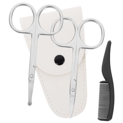 Didiseaon 4pcs Stainless Steel Beard Scissors Set Precision Trimming Scissors Nose Hair Trimmer and White Leather Comb for Home and Barber Shop Grooming