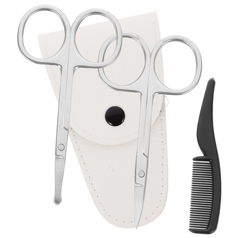 Didiseaon 4pcs Stainless Steel Beard Scissors Set Precision Trimming Scissors Nose Hair Trimmer and White Leather Comb for Home and Barber Shop Grooming