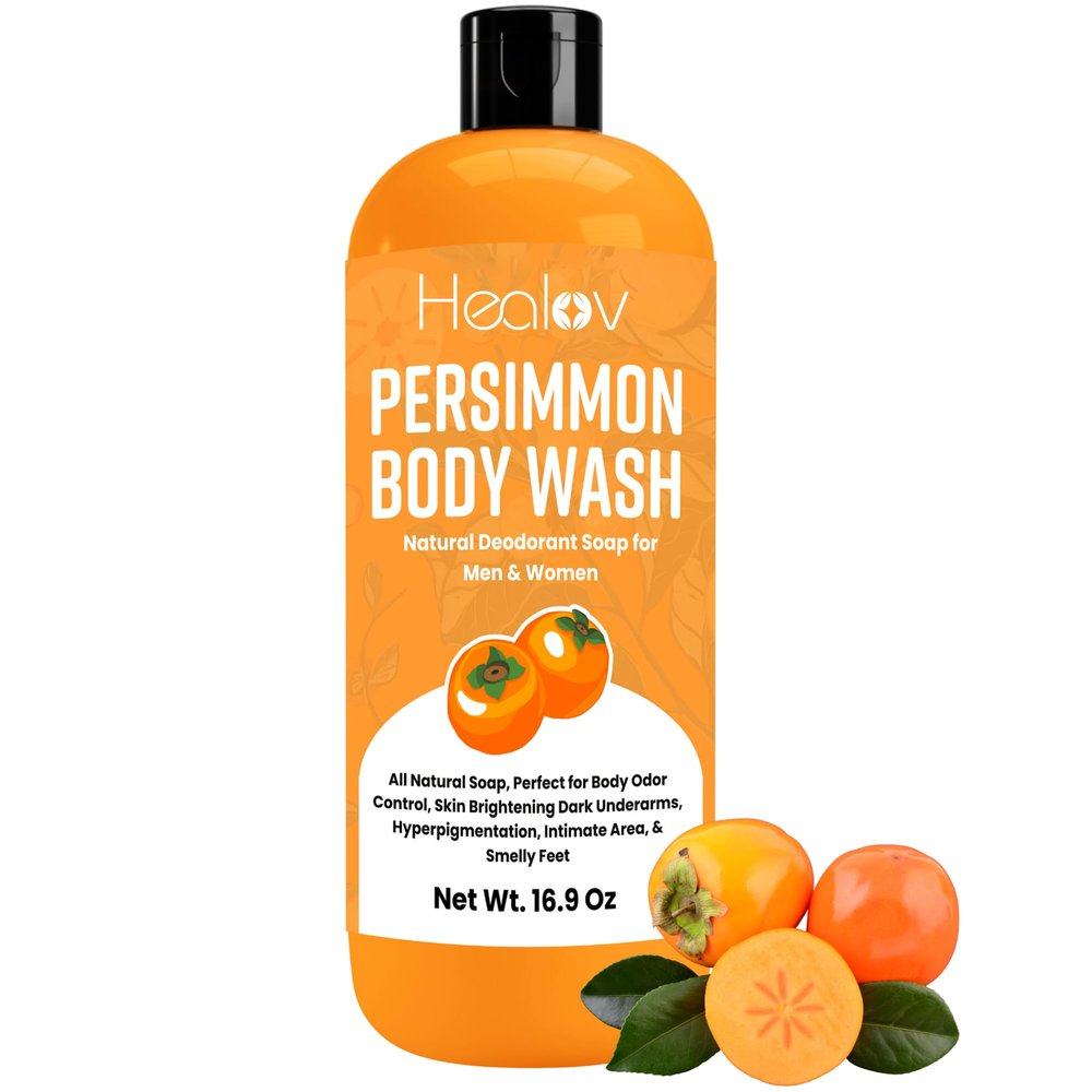 Healov Persimmon Body Wash for Body Odor Control  Natural Deodorant Soap for Eliminating Odor  Underarms, Intimate Inner Thigh, Bikini Area, Smelly Feet  Purifying Deodorizing Soap, Kids Safe