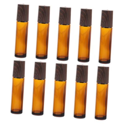 Baluue 10pcs Brown Glass Bottles with Wood Grain Caps Leakproof Multi-function Aroma Containers for Essential Oils Perfume and Makeup Compact Travel