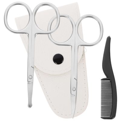 NOLITOY 4pcs Beard Grooming Scissors Set Stainless Trimmers for Beard Nose Hair and Eyebrow Styling White Leather Comb for Home and Professional Use