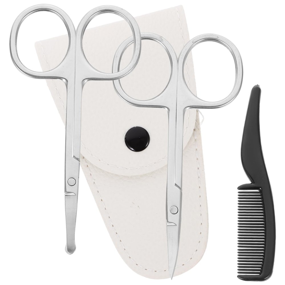 NOLITOY 4pcs Beard Grooming Scissors Set Stainless Trimmers for Beard Nose Hair and Eyebrow Styling White Leather Comb for Home and Professional Use