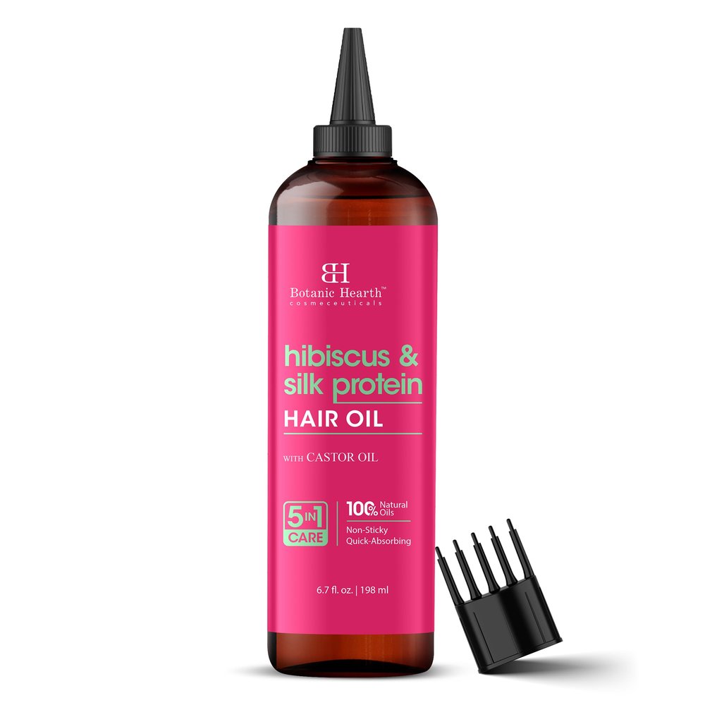 Botanic Hearth Hair Oil for Hair Growth | Strengthening Dry, Frizzy, Damaged Hair & Scalp Treatment | No Parabens or Harmful Sulfates | All Hair Types | Hibiscus Silk Protein Hair Oil - 6.7 Fl Oz