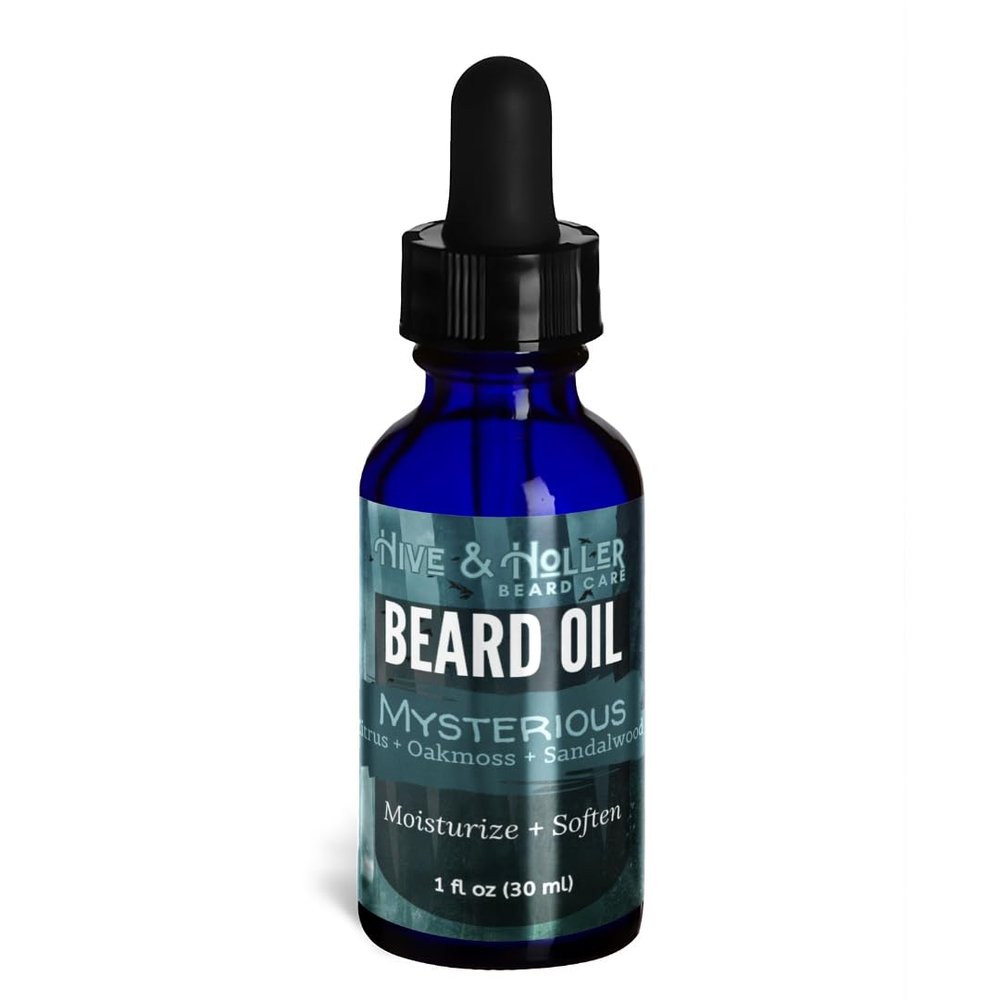 Hive & Holler Beard Oil for Men - Mysterious: Citrus, Sandalwood, Oakmoss - Premium Beard Care Oil - Natural Ingredients for Healthy Beard Growth, Softening, and Itch Relief - 1 fl oz