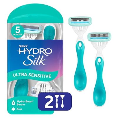 Schick Hydro Silk Sensitive Womens Disposable Razors, 2 Count, 5-Blade Disposable Razors for Women Sensitive Skin, Travel Razor for Women