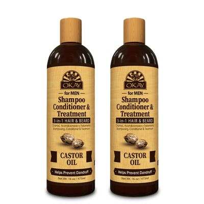 Okay-MEN 3 in 1 Shampoo and Conditioner - Castor Oil Shampoo and Conditioner, Beard Wash, Clarifying Treatment for Dry Damaged Hair, Dandruff, Curly Hair - 16 Fl Oz (Pack of 2)