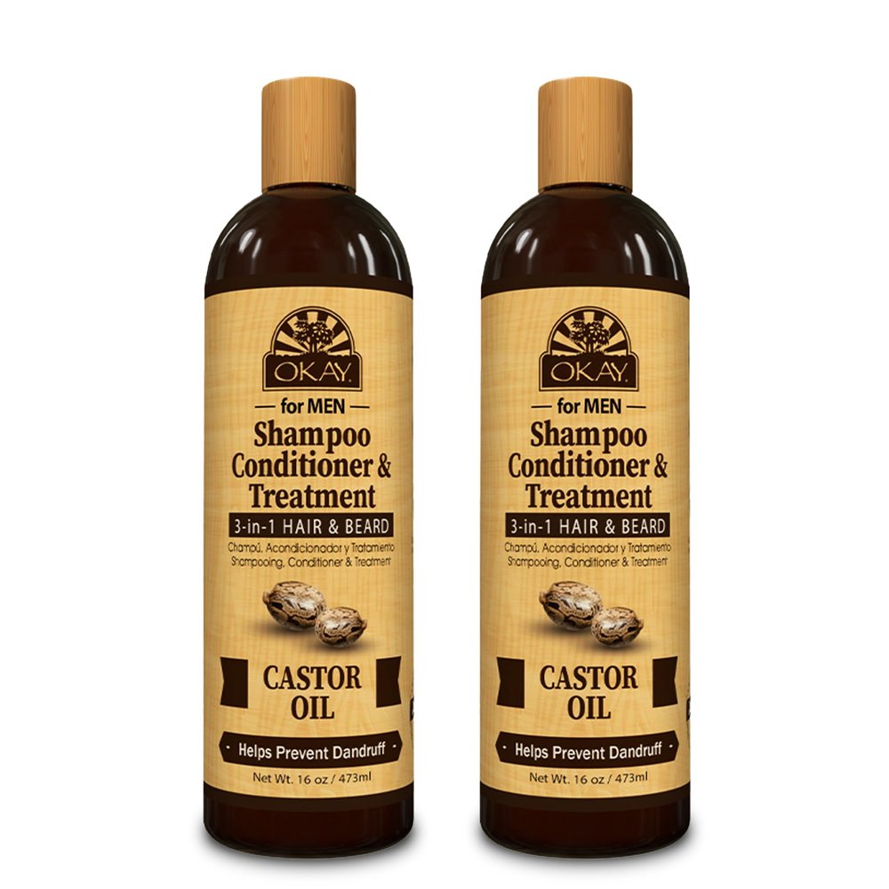 Okay-MEN 3 in 1 Shampoo and Conditioner - Castor Oil Shampoo and Conditioner, Beard Wash, Clarifying Treatment for Dry Damaged Hair, Dandruff, Curly Hair - 16 Fl Oz (Pack of 2)