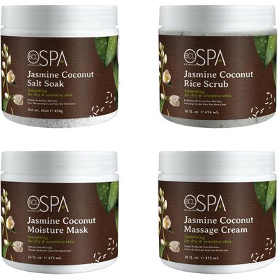 BCL SPA Jasmine Coconut 4-STEP Complete System includes a 16 oz Dead Sea Salt Soak, a 16 oz Rice Scrub, a 16 oz Moisture Mask, and a 16 oz Massage Cream for Profeesional or Home Use Made in USA