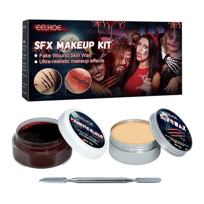 Halloween Scar Wax and Fake Blood Gel Set - Makeup Skin Wax, Black Face and Body Paint for Costumes with Special Effect Wound Shaping Tool and Spatula
