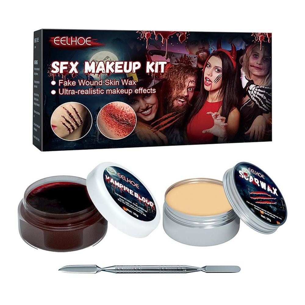 Halloween Scar Wax and Fake Blood Gel Set - Makeup Skin Wax, Black Face and Body Paint for Costumes with Special Effect Wound Shaping Tool and Spatula