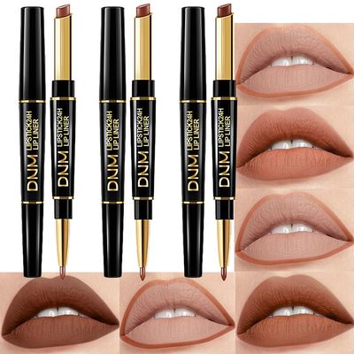 BINGBRUSH 3Pcs Double Ended Nude Dark Brown Velvet Matte Lip Liner and Lipstick Makeup Combo Set for Women,Lipliner 24 Hours Original Waterproof Long Lasting Lip Stains Pencil Kit Set