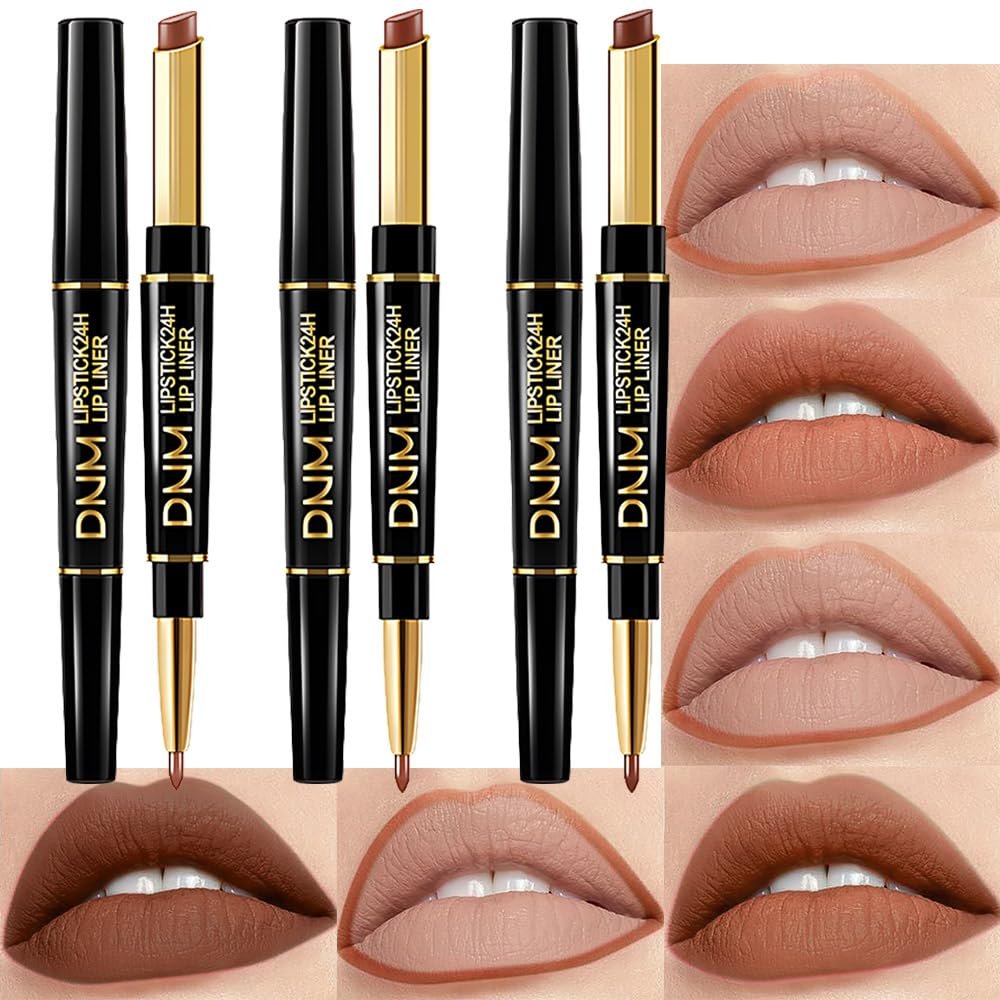 BINGBRUSH 3Pcs Double Ended Nude Dark Brown Velvet Matte Lip Liner and Lipstick Makeup Combo Set for Women,Lipliner 24 Hours Original Waterproof Long Lasting Lip Stains Pencil Kit Set