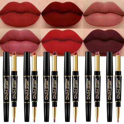 BINGBRUSH 6Pcs Double Ended Mauve Ruby Deep Red Matte Lip Liner and Lipstick Makeup Combo Set for Women, Light Brown Lipliner 24 Hours Original Waterproof Long Lasting Lip Stains Pencil Kit Set