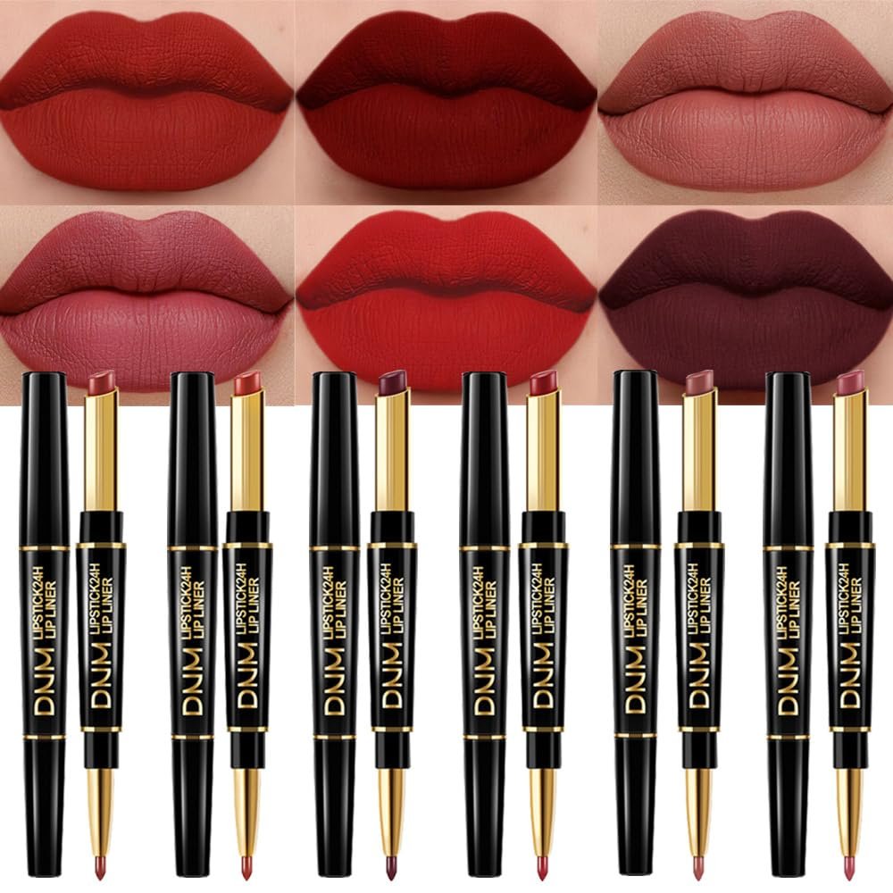 BINGBRUSH 6Pcs Double Ended Mauve Ruby Deep Red Matte Lip Liner and Lipstick Makeup Combo Set for Women, Light Brown Lipliner 24 Hours Original Waterproof Long Lasting Lip Stains Pencil Kit Set