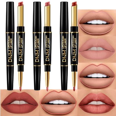 BINGBRUSH 3Pcs Double Ended Light Brown Nude Beige Matte Lip Liner and Lipstick Makeup Combo Set for Women, Rose Gold Lipliner 24 Hours Original Waterproof Long Lasting Lip Stains Pencil Kit Set