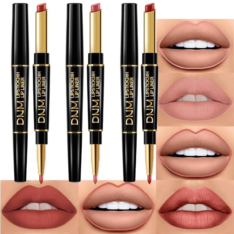 BINGBRUSH 3Pcs Double Ended Light Brown Nude Beige Matte Lip Liner and Lipstick Makeup Combo Set for Women, Rose Gold Lipliner 24 Hours Original Waterproof Long Lasting Lip Stains Pencil Kit Set