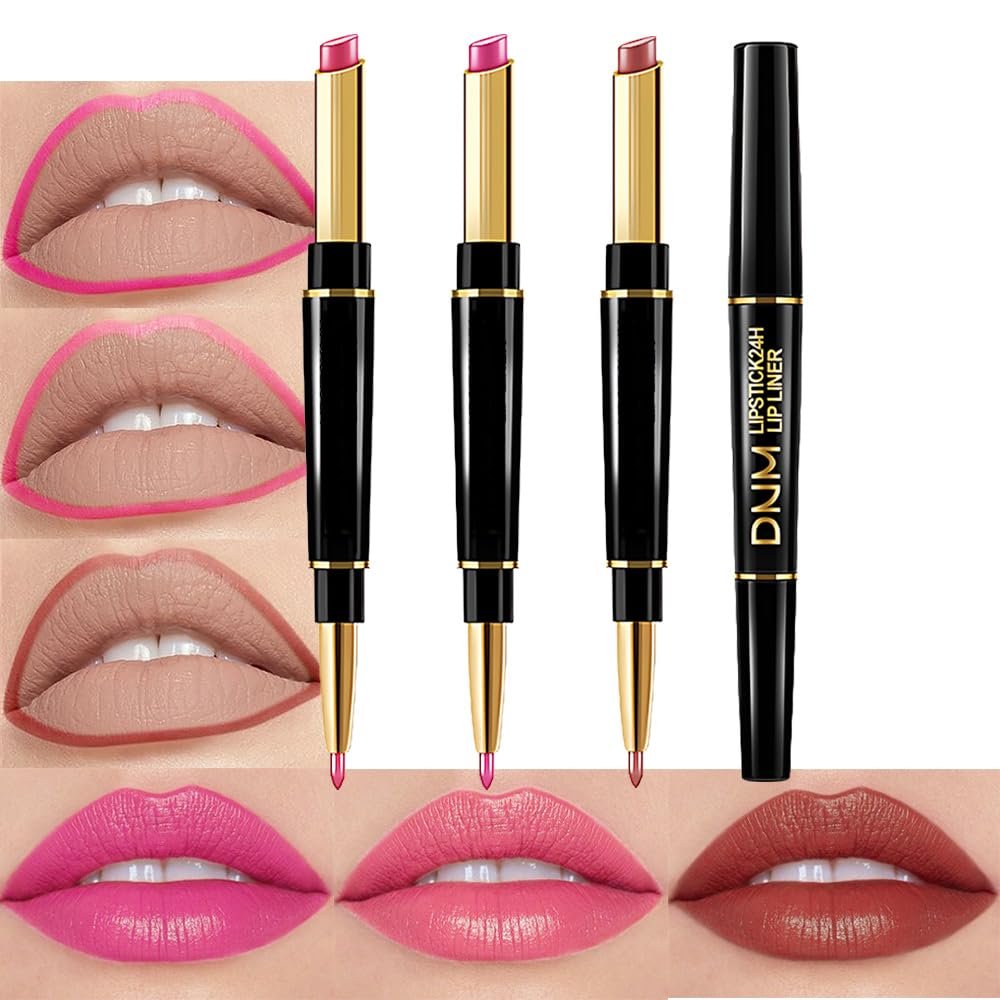BINGBRUSH 3Pcs Double Ended Warm Bright Pink Plummy Terracotta Shine Lip Liner and Lipstick Makeup Combo Set for Women,Lipliner 24 Hours Original Waterproof Long Lasting Lip Stains Pencil Kit Set