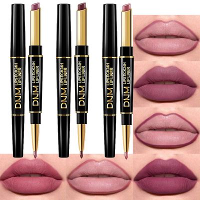 BINGBRUSH 3Pcs Double Ended More Mauve Berry Blush Matte Lip Liner and Lipstick Makeup Combo Set for Women,Lipliner 24 Hours Original Waterproof Long Lasting Lip Stains Pencil Kit Set