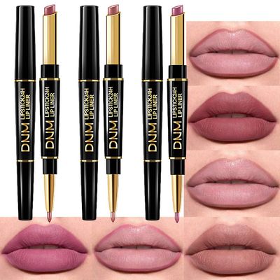 BINGBRUSH 3Pcs Double Ended Light Mauve Red Nude Beige Matte Lip Liner and Lipstick Makeup Combo Set for Women,Plum Rose Lipliner 24 Hours Original Waterproof Long Lasting Lip Stains Pencil Kit Set